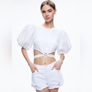 Alice + Olivia White Colette Tie Puff Sleeve Crop Top Size 12